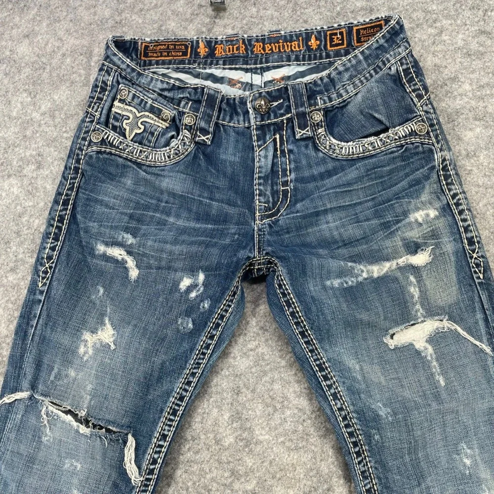 Rock Revival Helicon Jean Men 32x28 Blue Distressed Embroidered Straight Grunge